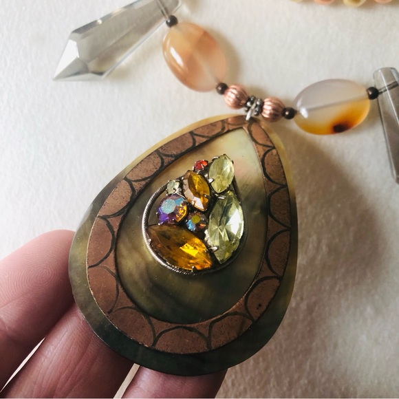 Handcrafted repurpose large teardrop stone pendant Czech glass Pearl necklace - Picture 8 of 14